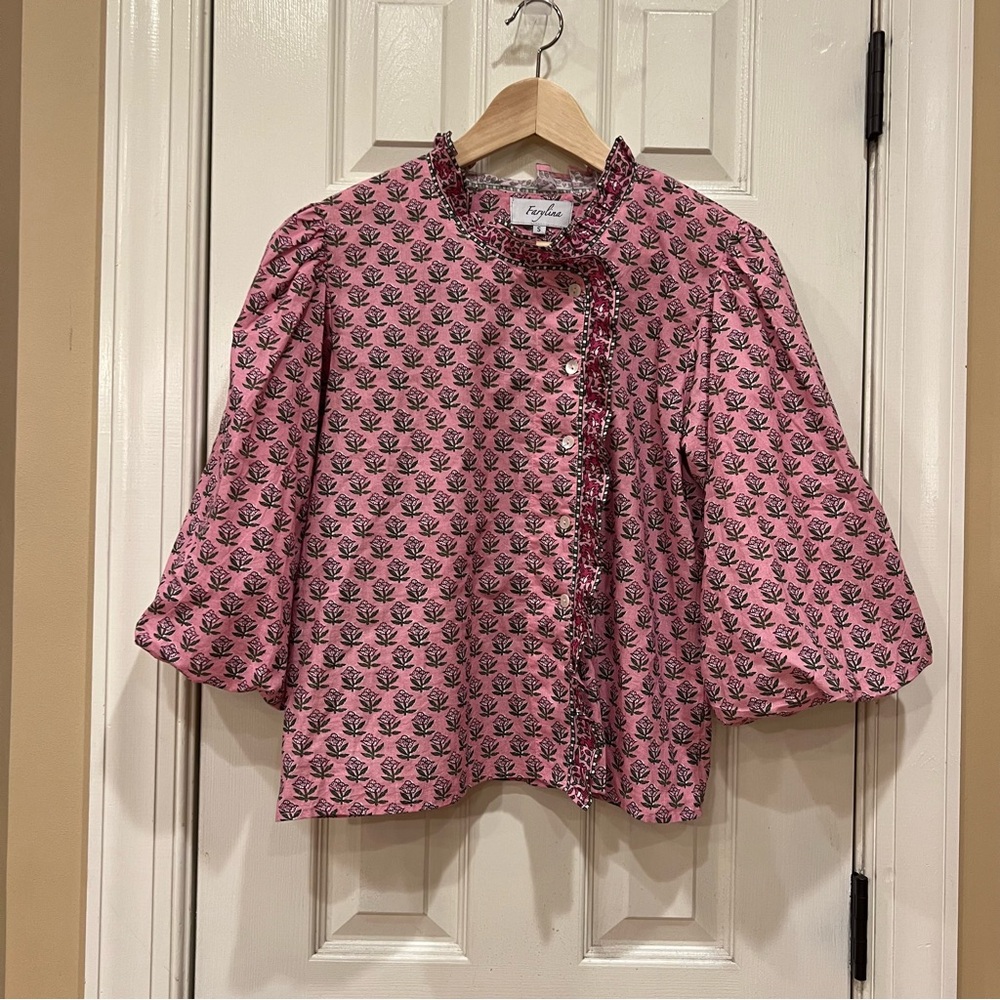 Like New Farylina Boho Blouse Pink Green Floral Button Down 3/4 Balloon Sleeves